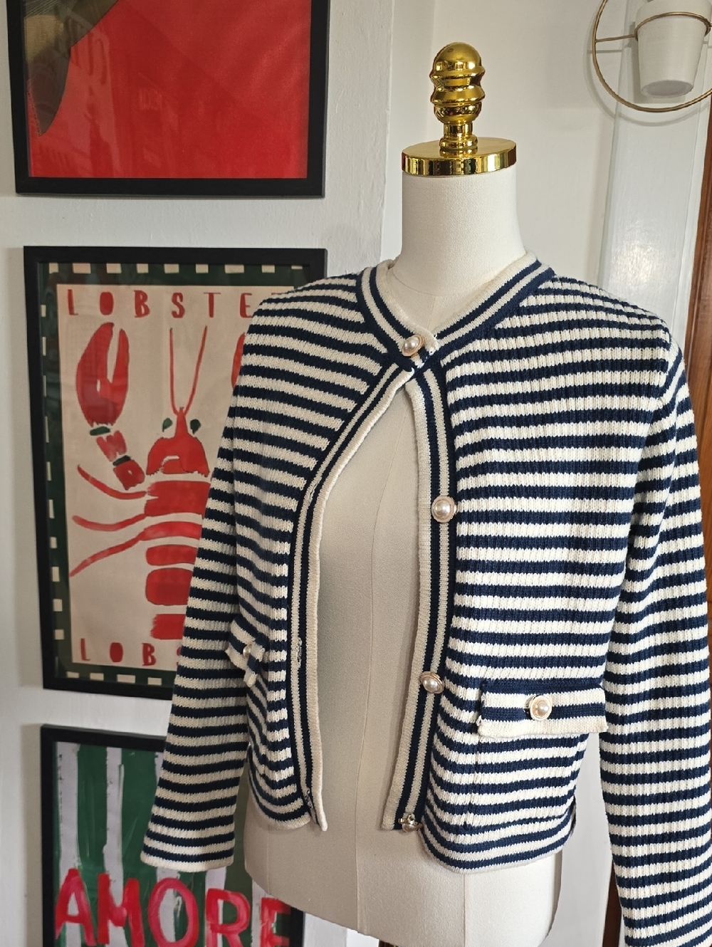 Sioni Navy & White Striped Coastal Sweater‎ Cardigan Small Womens